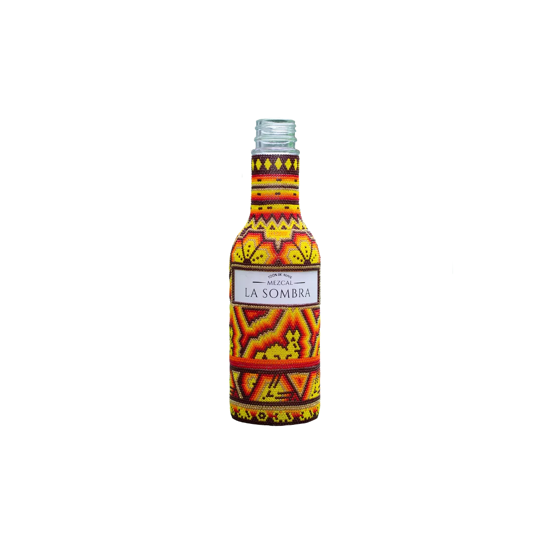 botella de mezcal la sombra 250 ml, forrado huichol